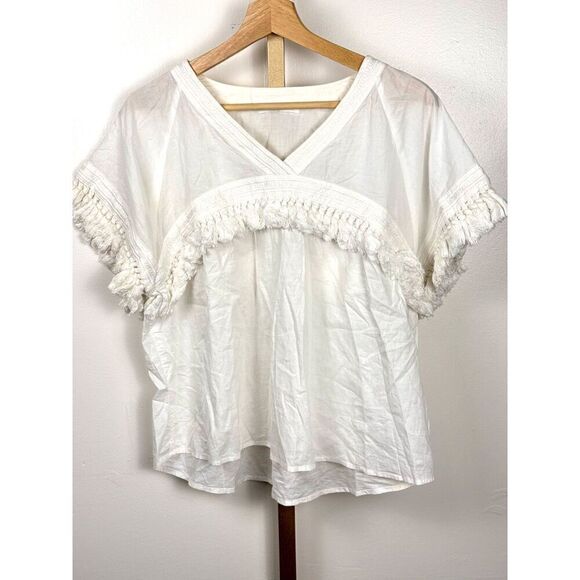 Sense of Place Boho Flowy White 100% Cotton Top w/ Fringes EUC (see measurement) - Picture 1 of 5